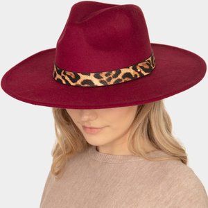 Burgundy Leopard Band Trim Felt Rancher Western Hat